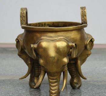 

wholesale factory Folk China Brass Auspicious JiXiang 3 Elephant Head Statue Incense Burner Censer 25% off