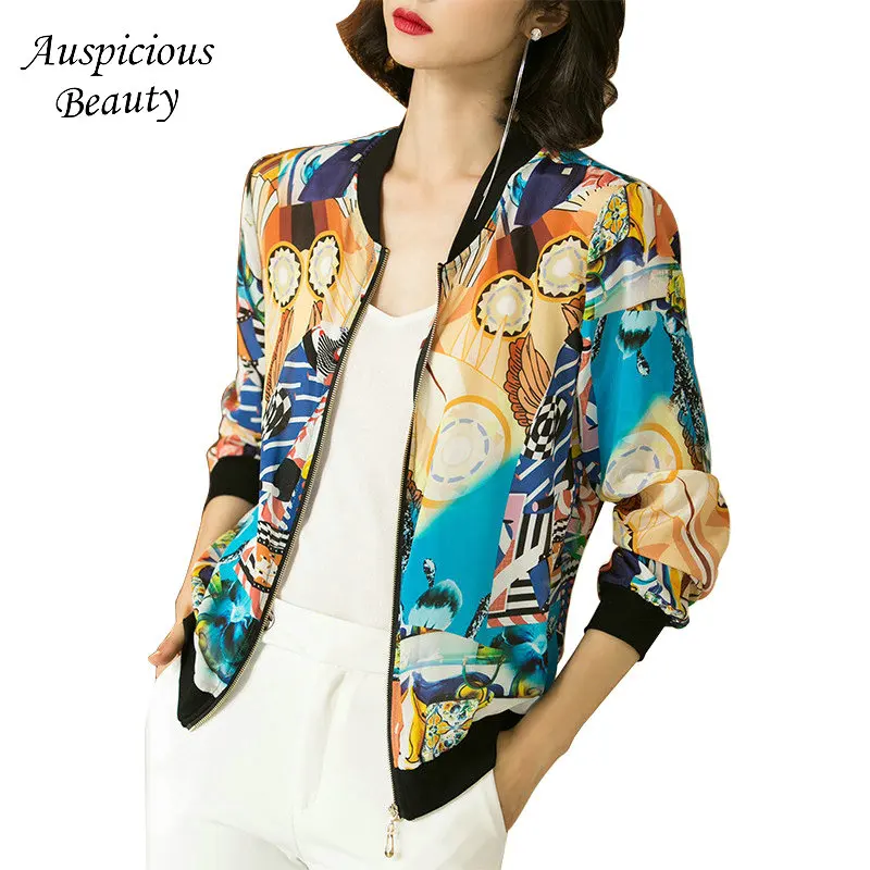 2018 Summer New Women Short Silk Printing Jacket Ladies O-Neck Casual Outwear Coat Tops Baseball Shirt Autumn A27 | Женская одежда