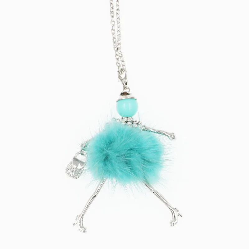 Fashion Lovely Paris Doll Pendant Necklace For Girls Children's Long Necklace Modern Lady's Imitation Rabbit Hair 5 Colors Gift7 turquoise