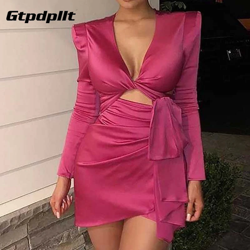 

Gtpdpllt Autumn Solid Sexy Women Party Dress Satin Hollow Out Bodycon Bandage Mini Dress Party Nightclub Dress Vestidos Robe