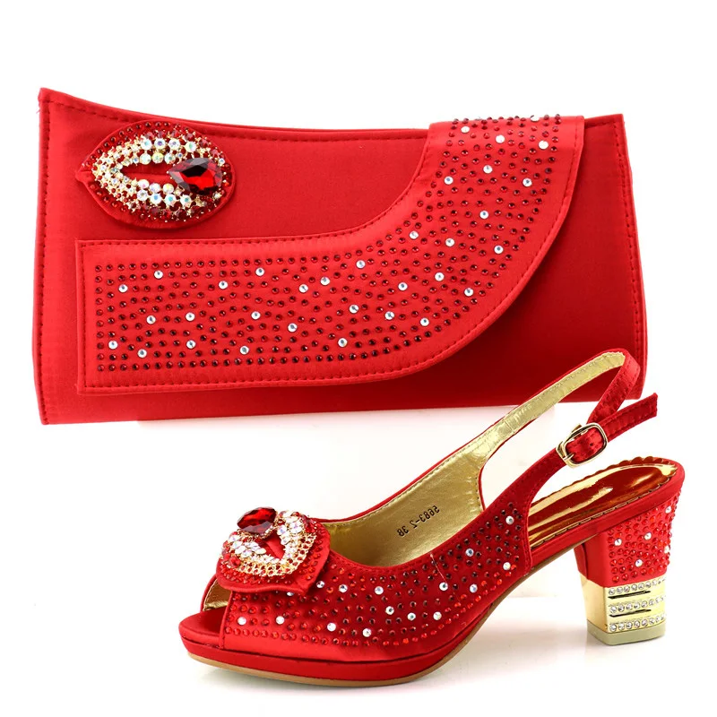 

African aso ebi shoe and bag red color elegant sandal and clutches bag with stones hot sexy lips stones shoes and bag SB8208-2