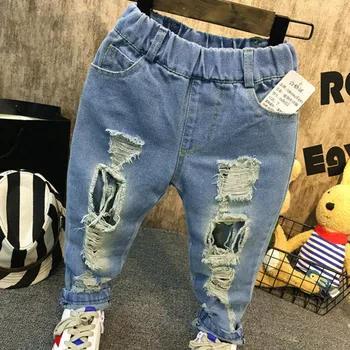 

hot sale new fashion baby boy hole jeans trousers kids jeans cotton denim long trousers for children