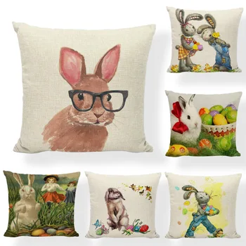 

Colored Egg Retro Charming Cartoon Rabbit Cushion Cover 17Inch Butterfly Cherry Home Decorate Party for Happy Easter Pillow Case