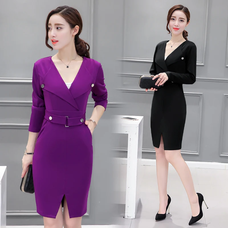 2016 Autumn Sexy Deep V neck Tight Pencil Dresses Commute Pockets Work Wear Fashion Elegant Black