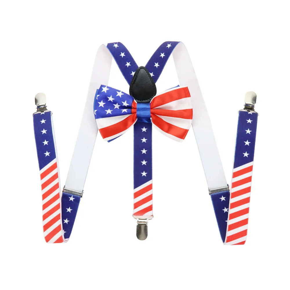 USA Flag Mens Suspenders Bow Ties Set Women Braces Bowtie Y back