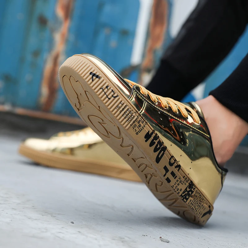 2018 пары Лакированная кожа Глянцевая скейтборд обувь унисекс граффити плоские туфли Твердые Цвет прогулочная обувь большой Размеры