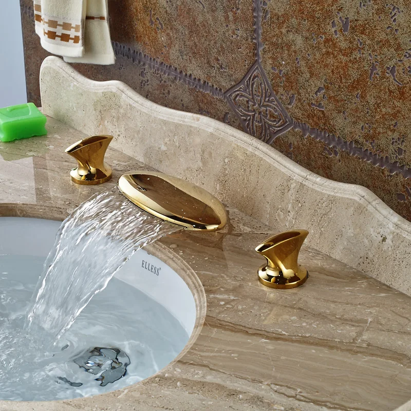 Luxury Gold Color Waterfall Basin Faucet Widespread Dual Handles Brass