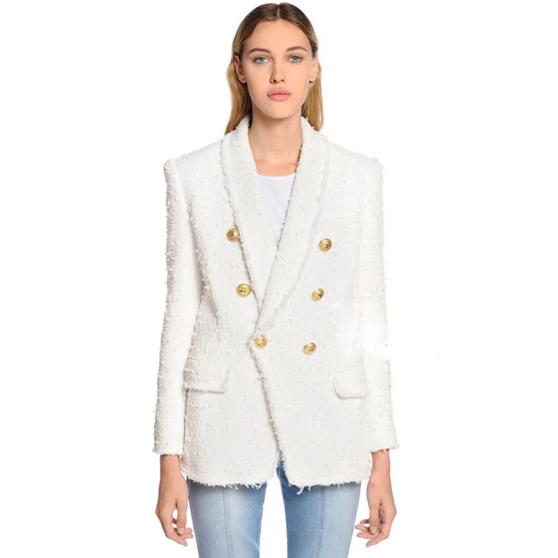 

Fashion 2019 Designer Blazer Women's Shawl Collar Double Breasted Lion Buttons Tassel Tweed Jacket Over Coat