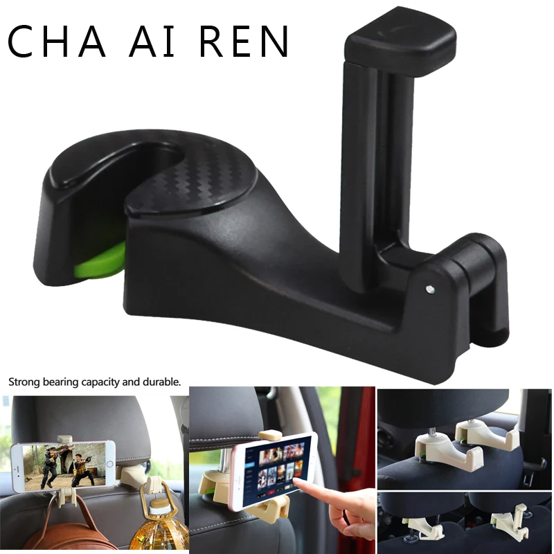 

Car Headrest Hook with Phone Holder Seat Back Hanger for Bag Handbag Purse Grocery Cloth Portable 2in1 Multifunction Clips Hook