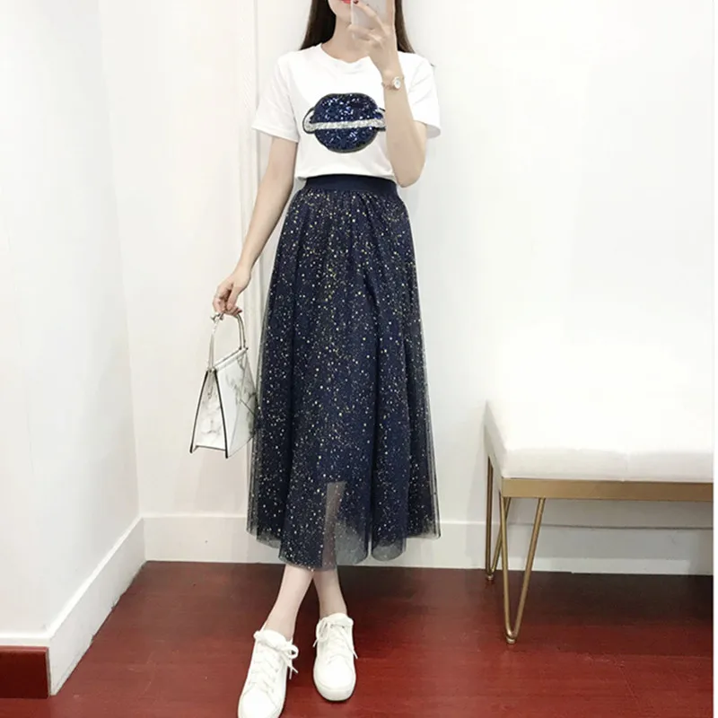 

2019 New Women Sequined Planet Pattern Short Sleeve Summer T-shirt+Sequined Mesh Skirts 2pcs Set Suit