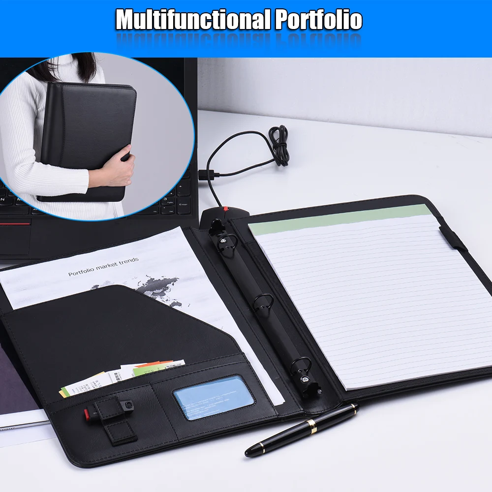

A4 PU Folder Document Case Organizer Leather Padfolio Professional Business with Business Card Memo Note Pad Loose-leaf Loop