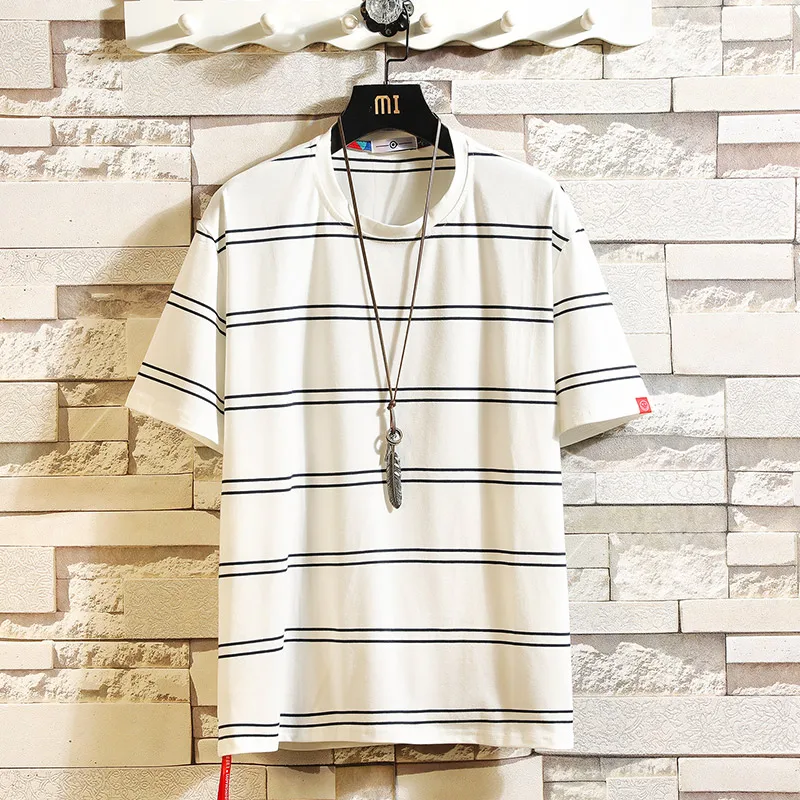 

BQODQO 2019 T Shirt For Men 100% Cotton Tshirts Streetwear Men's Clothes Striped Japanese Summer Short Sleeve Top Sports Stylish