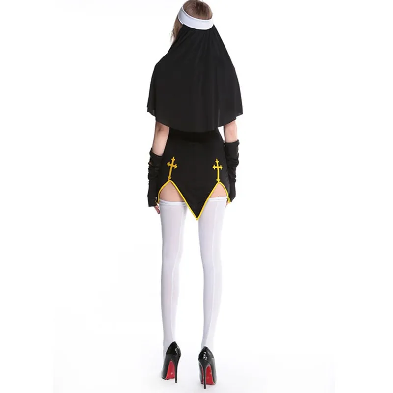 Сексуальный костюм монахини для взрослых женщин белый косплей платье с черным капюшоном для Хэллоуина Сестра Косплей вечерние костюм с чулками