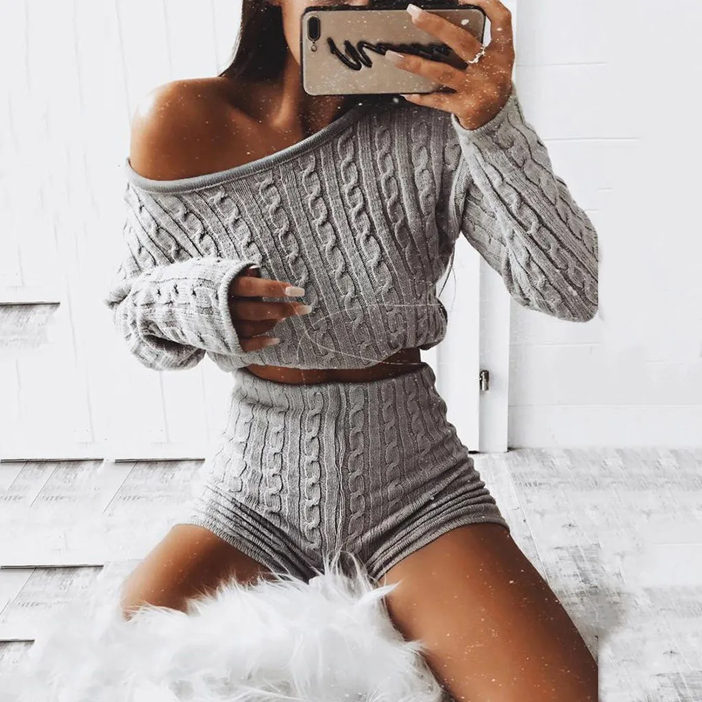 2PC Winter Knitted Cotton Women Pajamas Set Ladies Solid Sexy Off Shoulder Warm Sleepwear Fashion Short Suit Pijama Mujer