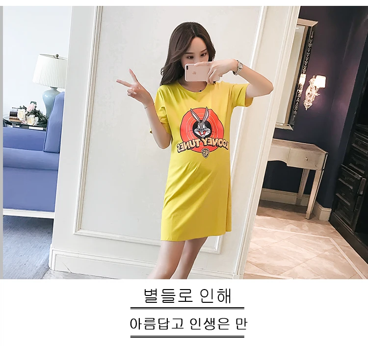 Корейская мода для беременных платье лето новый мультфильм печати с коротким рукавом беременных женщин футболка беременность платье