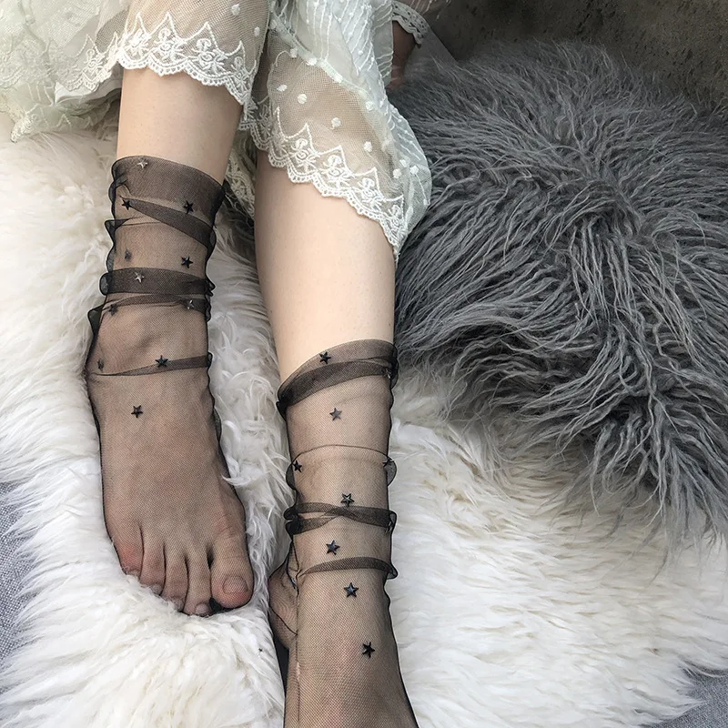 7 цветов, женские носки с изображением Луны в стиле Харадзюку, яркие цвета, блестящие носки с изображением Луны, женские прозрачные блестящие сетчатые ажурные носки, черные Чулочные изделия