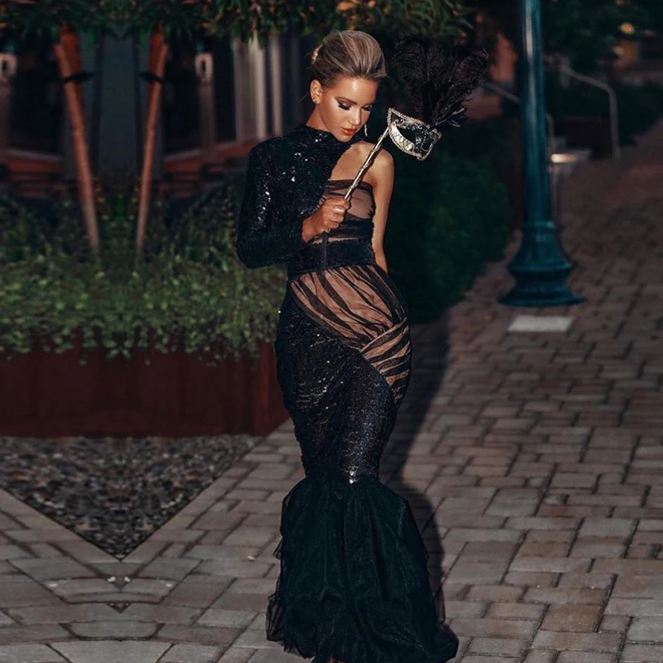

Adyce 2019 New Summer Women Bandage Dress Sexy Black Lace Sequin Long Sleeve Tank Club Dress Maxi Celebrity Party Dress Vestidos