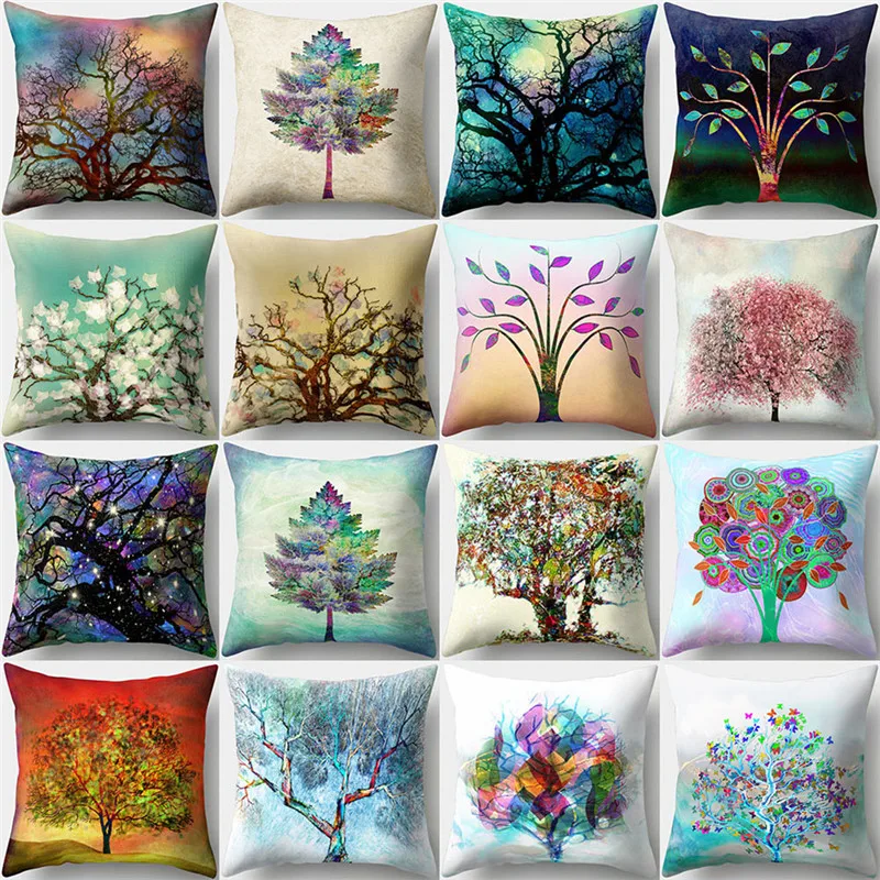 

Colorful Tree Print Home Cushion Cover Square Waist Throw Pillow Case Decor