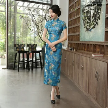 

Hot Sale Blue Silm Rayon Chinese Traditional Female Qipao Handmade Button Sexy Short Sleeve Novelty Long Dress S-3XL C0136-B