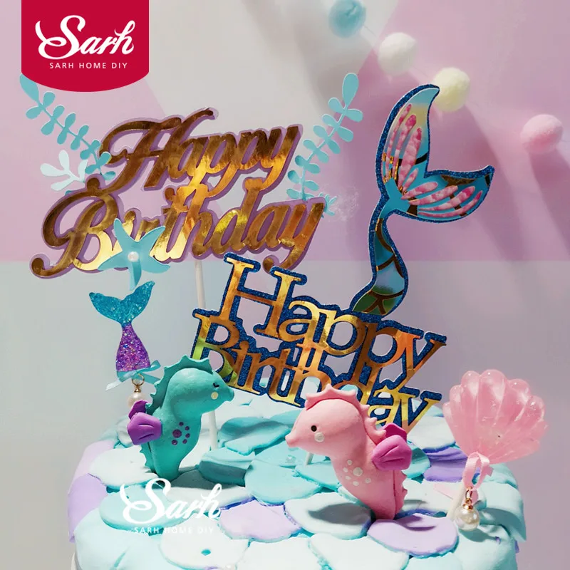 

Laser mermaid tail starfish water grass Seahorse Cake Topper for Party Decoration Dessert lovely Gifts