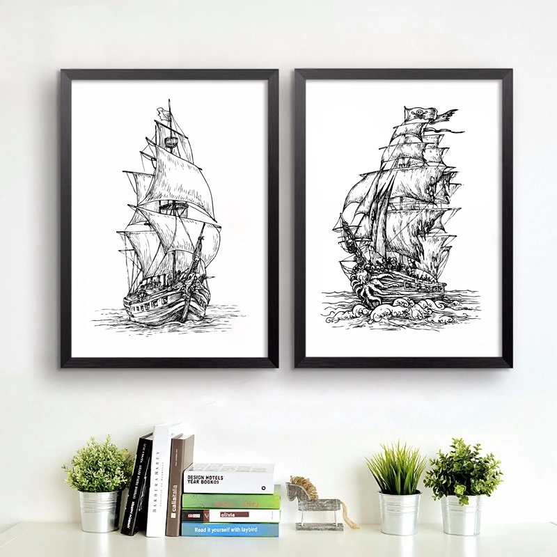 手描きの海賊船アートプリント壁の写真 レトロなポスター海賊船キャンバス絵画家のリビングルームのヴィンテージの装飾 Wall Pictures Canvas Paintingart Print Aliexpress