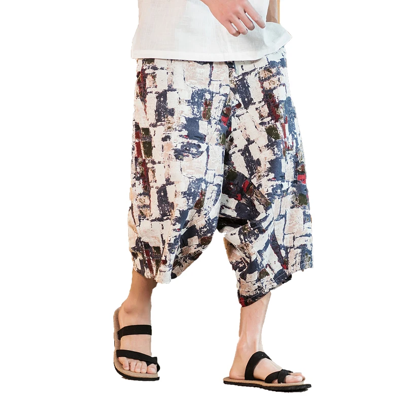 

Wide leg pants hip hop Aladdin Miao loose cotton linen print harem pants men's large size cropped trousers beach casual pants