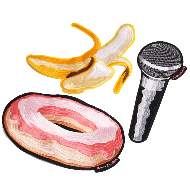 

1 PC Big size sequins Donut Microphone banana Embroidery fashion patches Iron on fabric sticker Clothing bags Accessories
