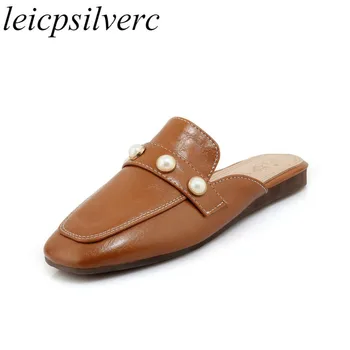 

Women Slippers Mules Shoe Beach Summer Pu Pearl Square Toe Flats 2018 Outside Casual Slides Sexy Fashion Black White Brown Green