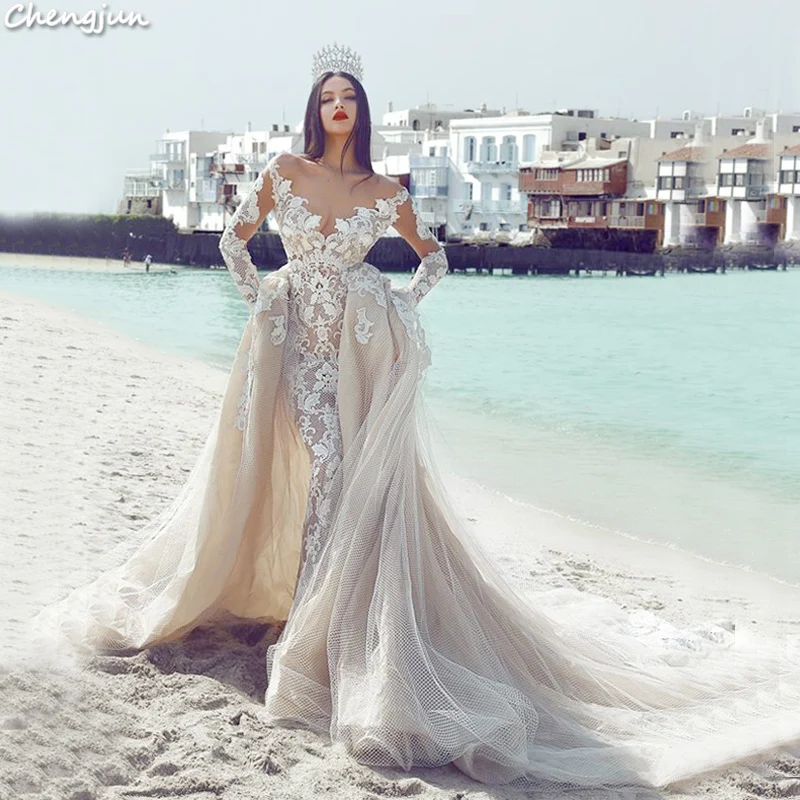 

New Luxury Detachable Elegant Sexy Long Sleeve Lace Mermaid Bridal Gown Wedding Dress