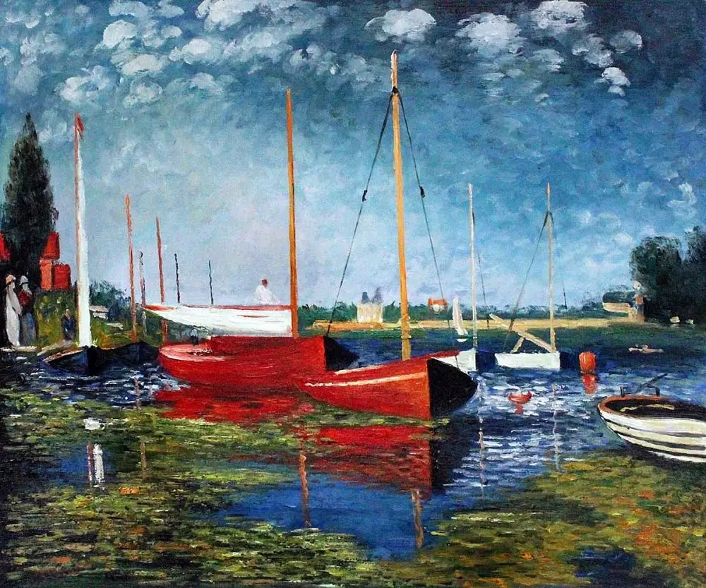 Hand Painted Claude Monet Oil Painting Wall Art 24x20" Red Boats Argenteuil 