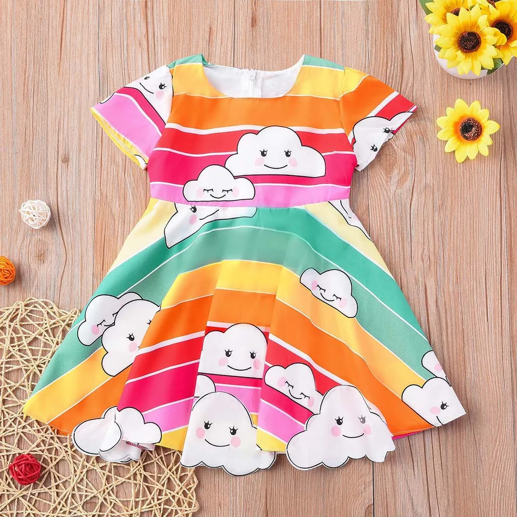 

Baby Girls Cartoon Princess Cloud Rainbow Colorful Print Tutu Dress Outfits Set Toddler Newborn O Neck Knee Lenghth 2019