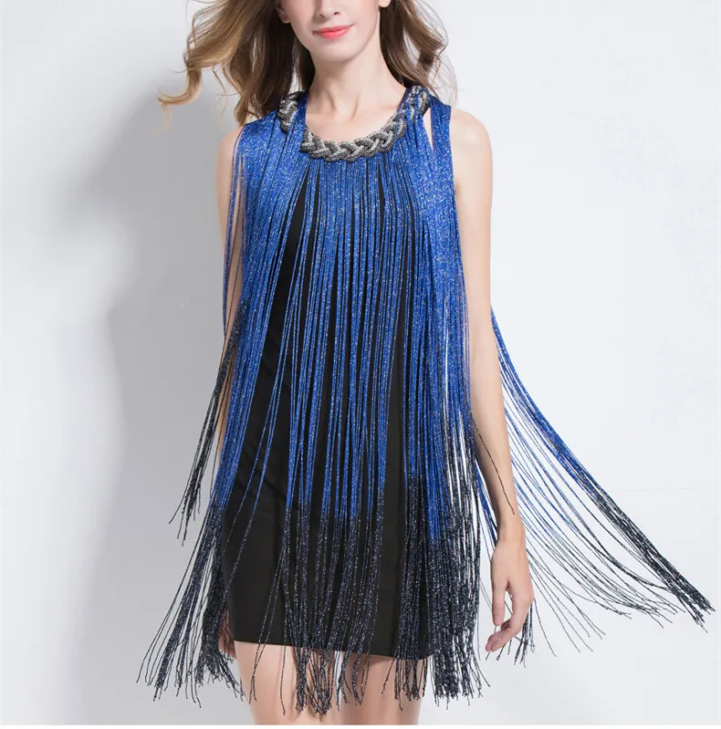 Verano mujeres paquete vestido de cadera Halter cuello de cuentas Sexy azul borla una pieza vestido de fiesta cantante escenario traje Bar DJ JAZZ vestido - 2