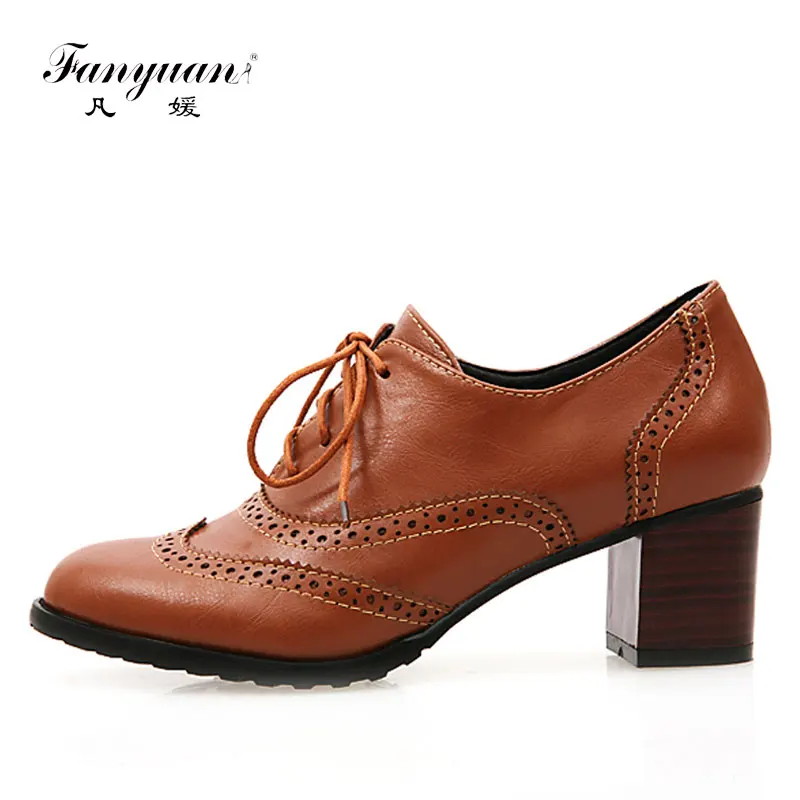 

Fanyuan New Women's Winged Oxford Lace Up Striped Platform brown brown beige Casual Vintage Bullock Shoes Woman Size 34-43