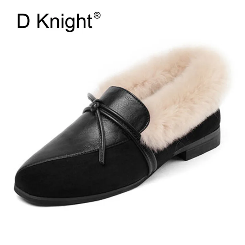 

D KNIGHT Brand Female Loafers Winter 2018 New Korean Women Shoes Slip On Casual Ladies Flats Fur Shoes Comfortable Mules Shoes