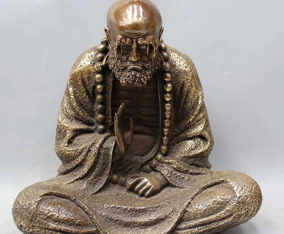 26CM China Pure Bronze Mahayana Arhat Damo Bodhidharma Dharma Buddha Amitabha Statue