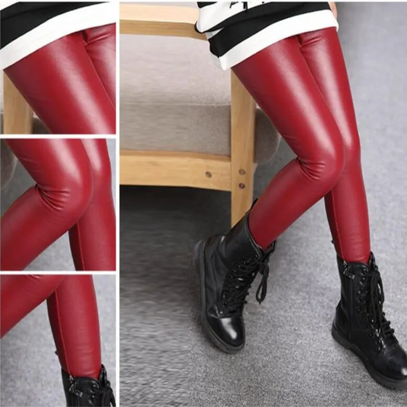 Демисезонный гетры для девочек для мальчиков и девочек узкие брюки-карандаш из искусственной кожи детские леггинсы Черные и темно-красные туфли
