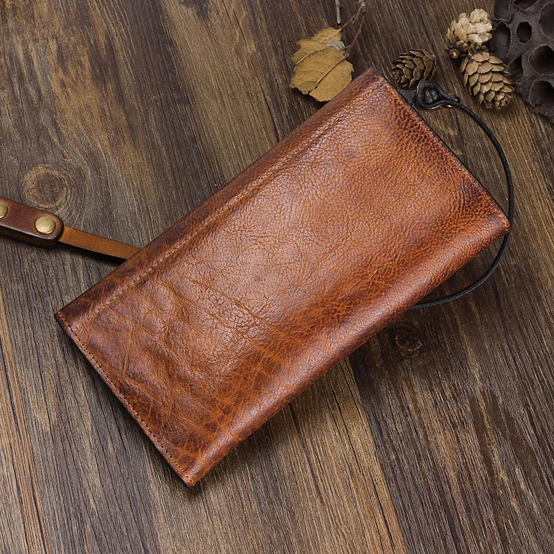 Retro Echt Leer Mannen Lange Wallet Mannen En Vrouwen Clutch Bag Anti-Diefstal Ketting Portemonnees Multi-Functionele Eerste laag Van Leer