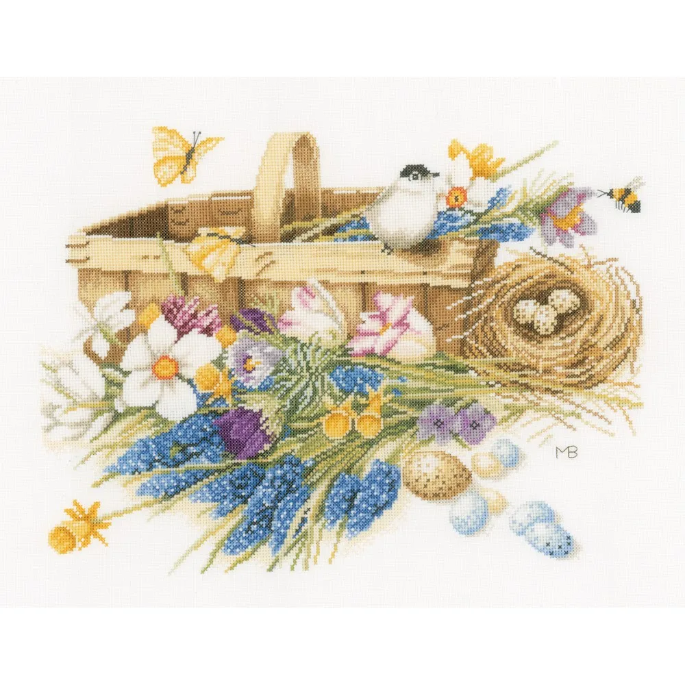CS-1669 Cross Stitch Kit Spring Flowers Basket Trug and Bird Nest Egg 0155028