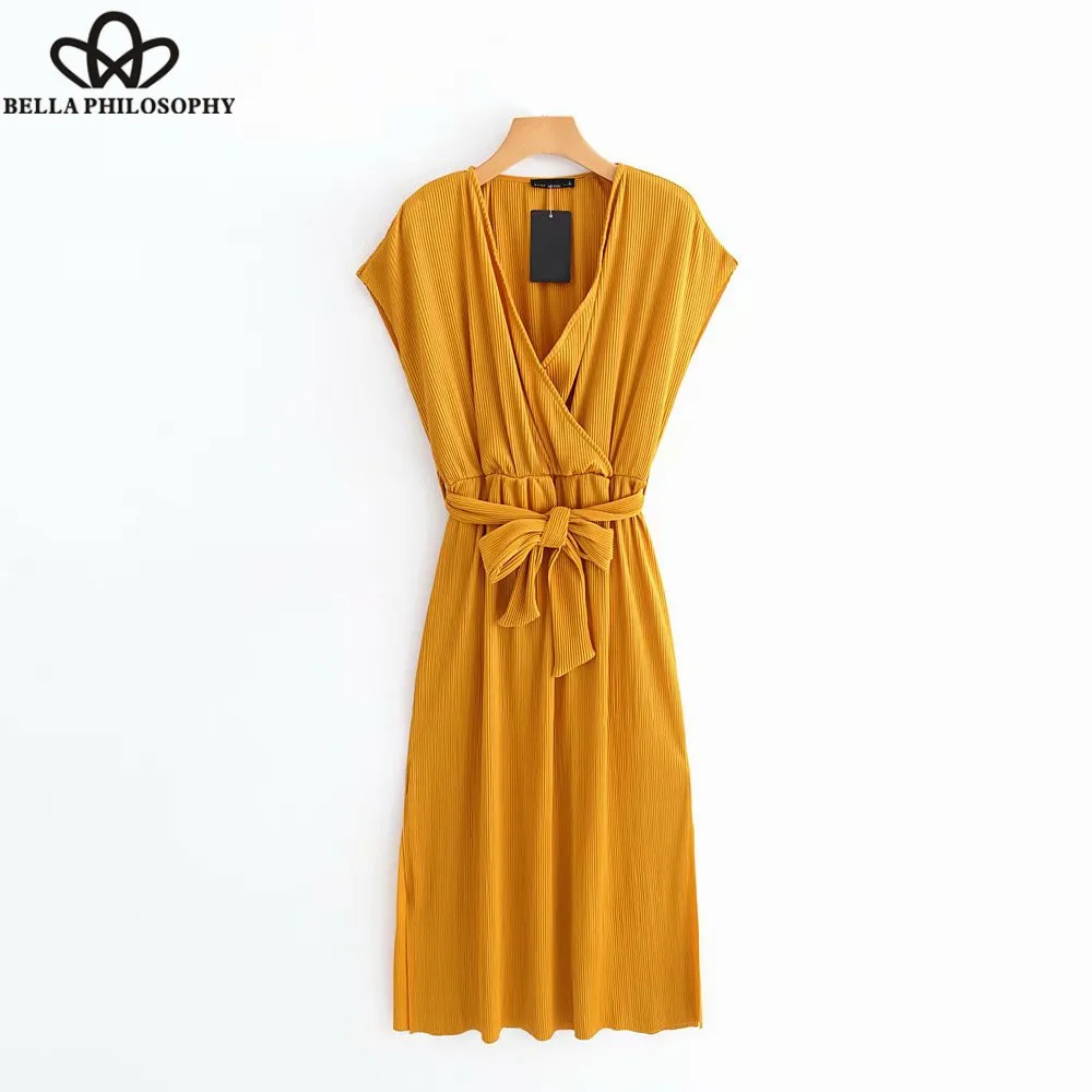 Wonder 2018new vintage cross v neck solid color split long dress retro short sleeve vestidos ladies bow sashes casual slim dress