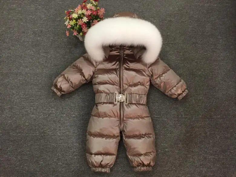 Newborn Winter Romper Baby Snowsuit Infant Overcoat Kids Snow Wear Jumpsuit Duck Down Coatton Liner Child New Year Costumes - Color: white fur khaki