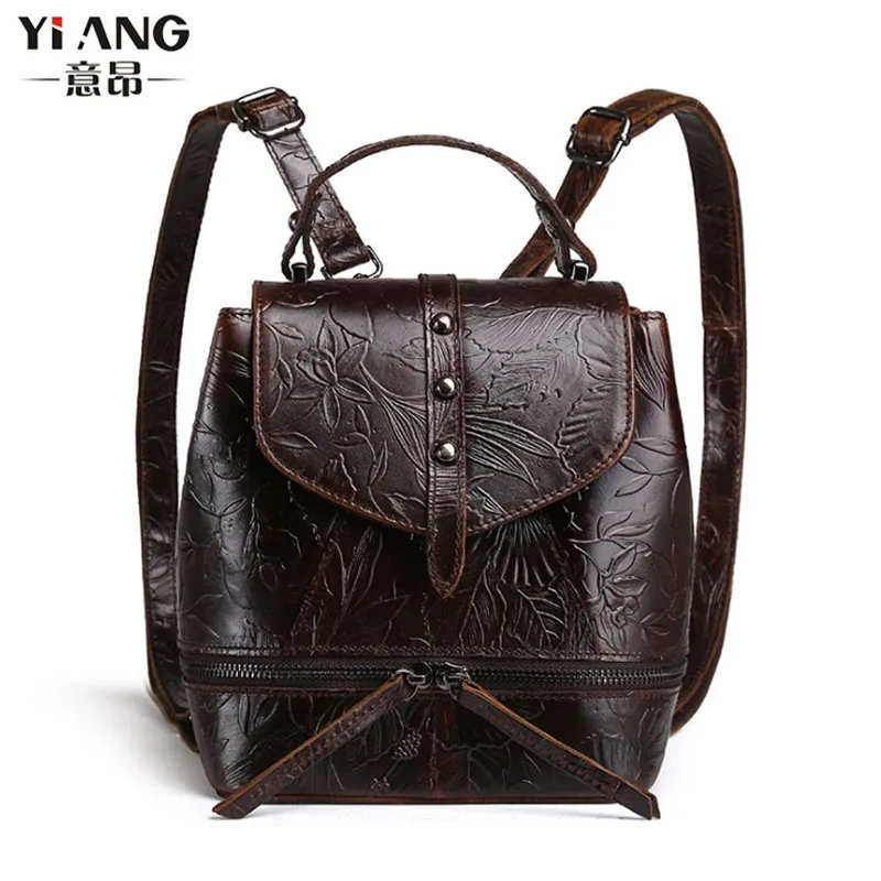 

Women's Oil Wax Genuine Leather Cowhide Embossed Hand Bag Vintage Backpack Tote Student Package Travel Backpack