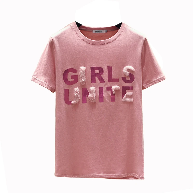 

Short-sleeved female 2019 new summer hot stamping letter T-shirt women Korean version loose cotton wild pink top 21302