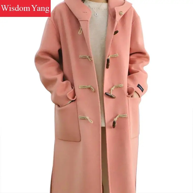 

Winter Warm Womens Sheep Wool Coat Pink Yellow Green Hooded Outerwear Cashmere Trench Oversize Woolen Overcoat Woollen Coats