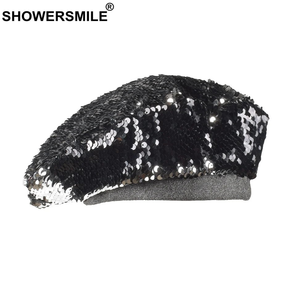 SHOWERSMILE женские шапки-береты с блестками, серебряная британская французская шляпа берет, элегантные вечерние женские осенние шапки на плоской подошве, женские шапки