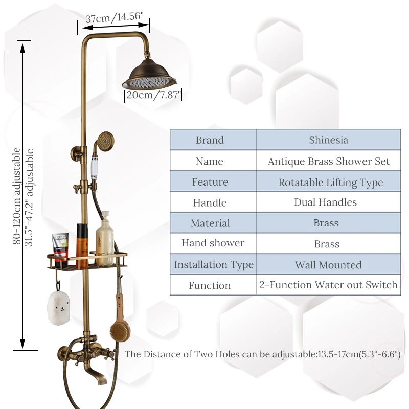 Античный латунный душевой набор кран с товарной полкой и вешалками смеситель кран " дождевая головка двойные ручки настенный