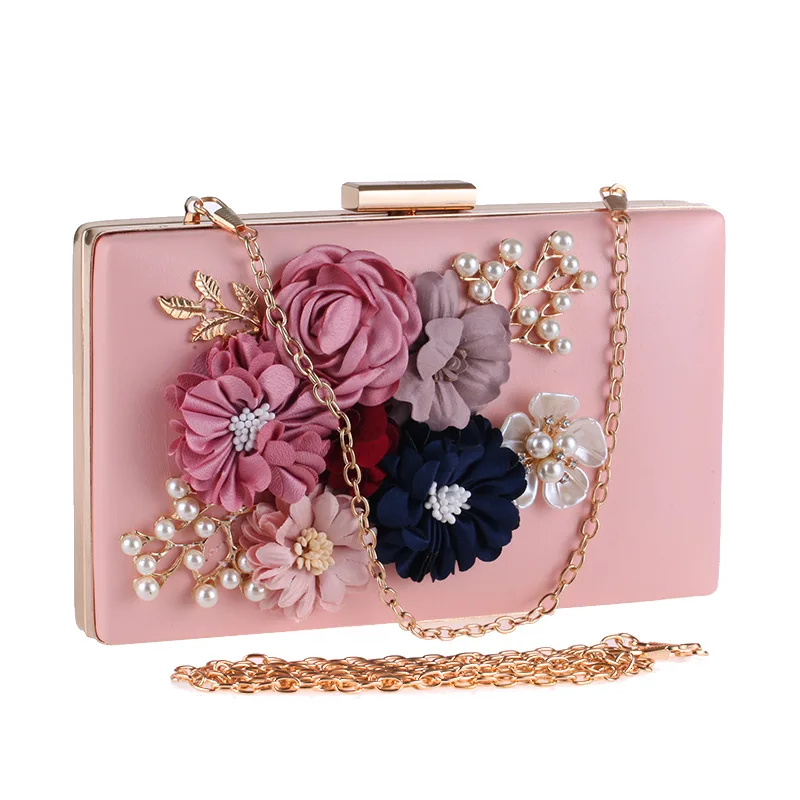 

Fashion Lady Pink Embossed Floral Evening Bag Luxury Women Diamond Clutch Handbag Beading Dress Should Bag Messenger Bags