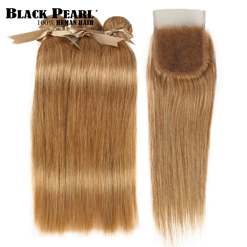 

Black Pearl Brazilian Straight Hair 3 Bundles With Closure Free Part Mix Color 27/30 Remy Human Hair Bundles With Closure
