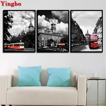 

Nordic Abstract Painting diamond painting City Street Red Bus Landscape cross stitch embroidery mosaic 3 pcs wall decoration