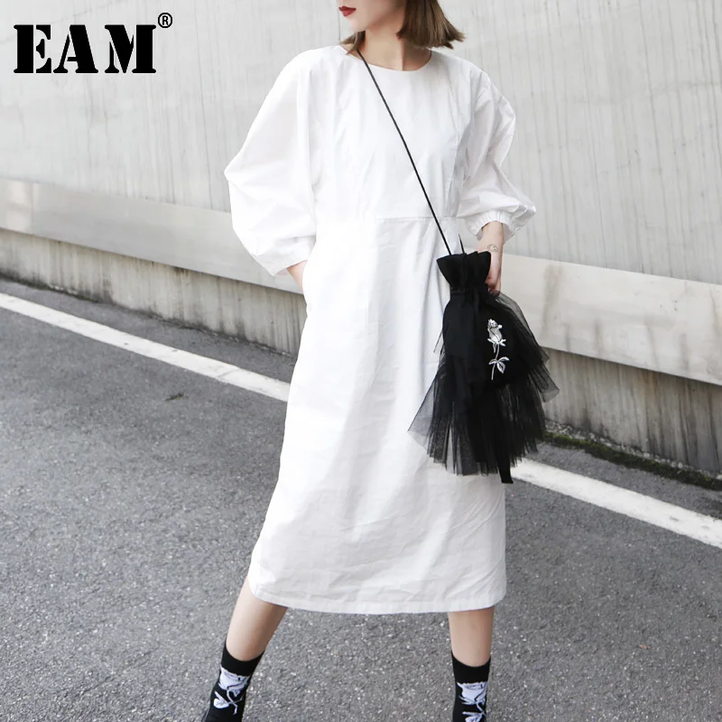 

[EAM] 2019 New Spring Summer Round Neck Exaggerated Lantern Sleeve White Loose Brief Temperament Dress Women Fashion Tide JQ950