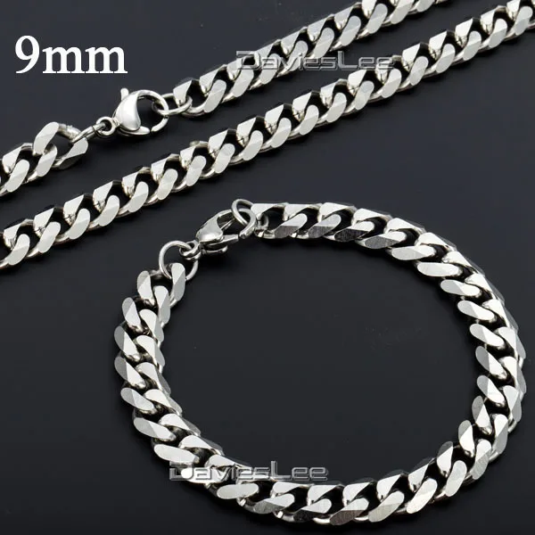 

Davieslee Fashion Gift 9/11mm Mens Silver(color)Curb Cuban Necklace Bracelet Stainless Chain Jewelry Set DLKS110/111